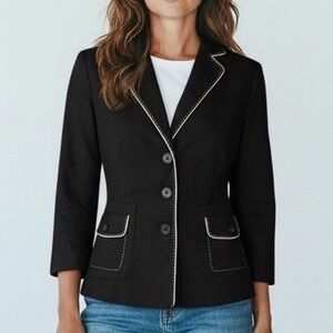 ANN TAYLOR Black‎ Blazer with White Contrast Stitching 3 Button Jacket Size 2